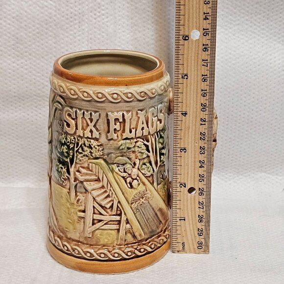 Vtg Six Flags Beer Stein Mug Log Flume Train & Car 3D Embossed Design Japan - Picture 11 of 12